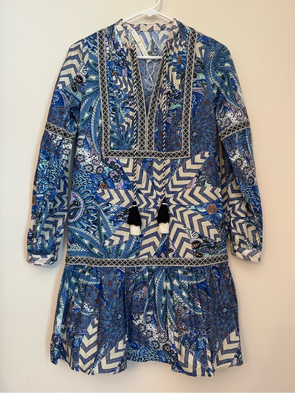 Marie Oliver Mimi Dress XXS Anise Breeze Print 100% Cotton Tassel Mini Boho